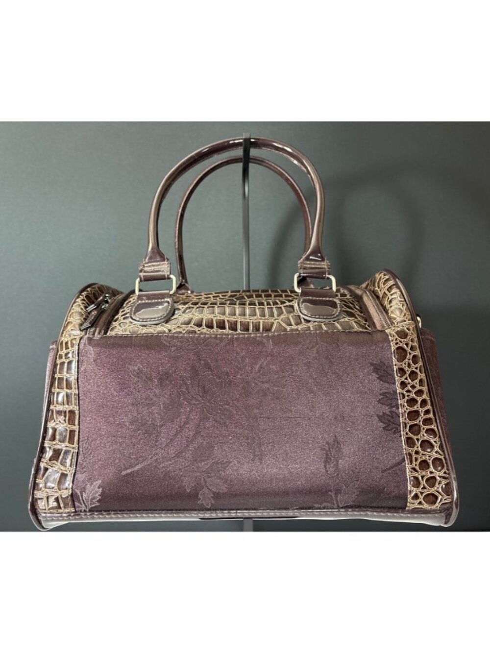Faux Crocodile Travel Bag  Duffel Dual Handbag With Cosmetic Case Brown Floral - Picture 10 of 16